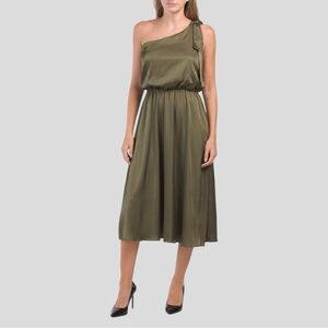 Nicole Miller NY Women’s Satin One Shoulder Tie Midi Dress Olive M NWT